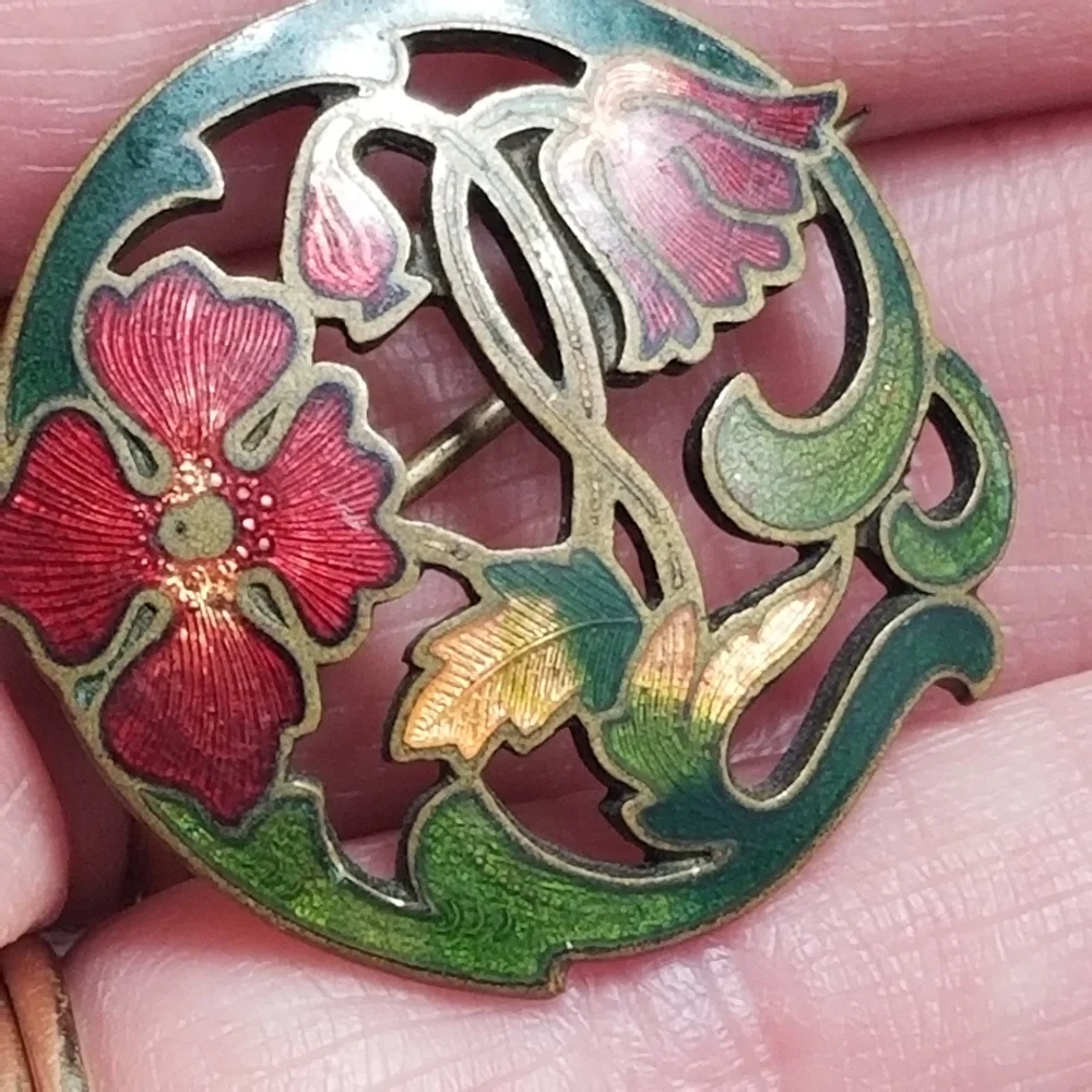 Antique brooch pin poppy flowers floral gold tone Victorian Edwardian red